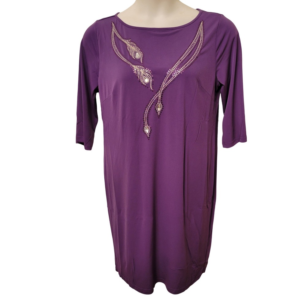 Bob Mackie M Wearable Art Purple Sequin Beaded Feather Sheath‎ Dress Stretch